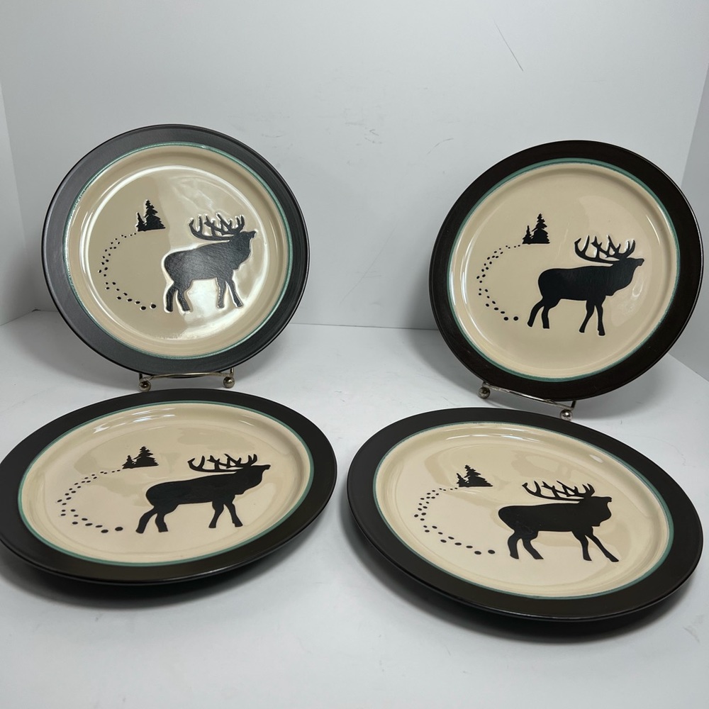 Bass Pro Shop 4 Elk in The Woods Pine Salad Plates Wilderness Moose Stoneware